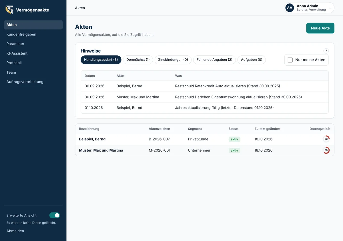Aktenliste im Beraterportal mit Hinweisen, dem Knopf Neue Akte und dem Ring Datenqualität
