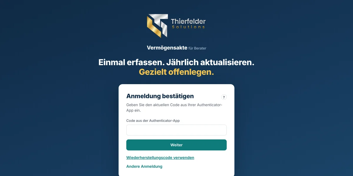 Anmeldung im Beraterportal, zweiter Schritt mit dem Code aus der Authenticator-App