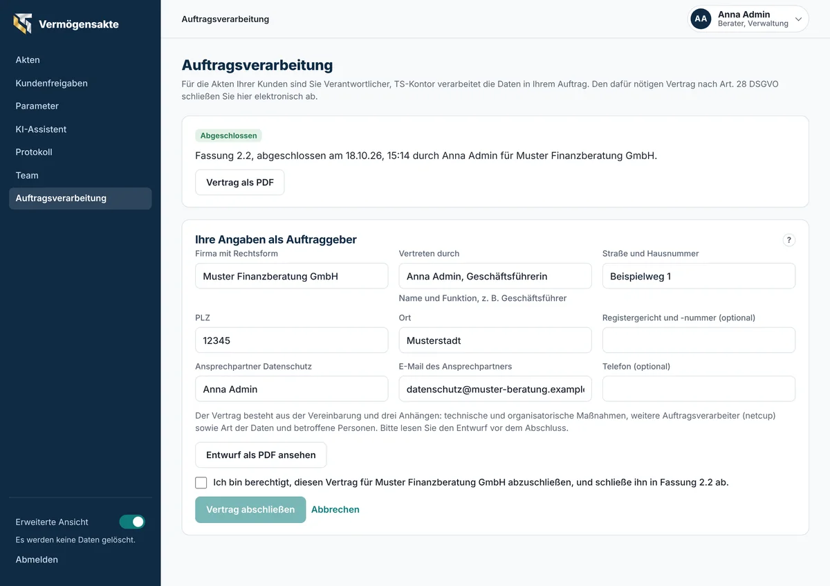 Vertrag zur Auftragsverarbeitung im Portal abschließen