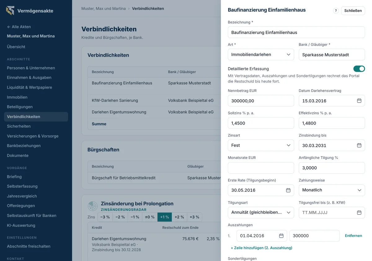 Formular eines Darlehens im Modus Detailliert mit berechneter Restschuld und Zinsbindung