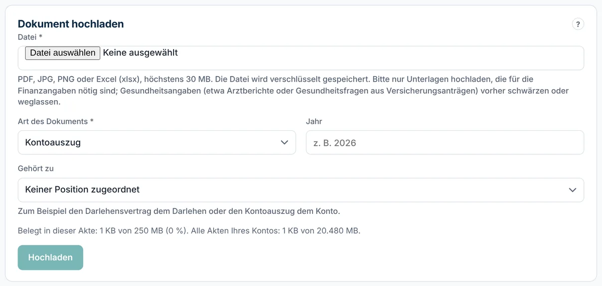 Dokumente einer Akte: Datei wählen, Art, Jahr und Position angeben, hochladen