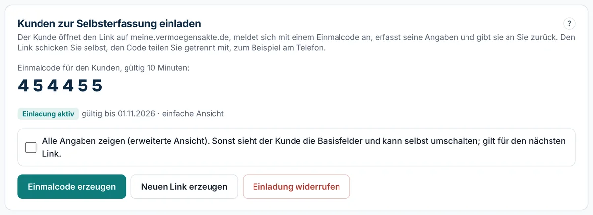 Angezeigter Einmalcode für den Kunden