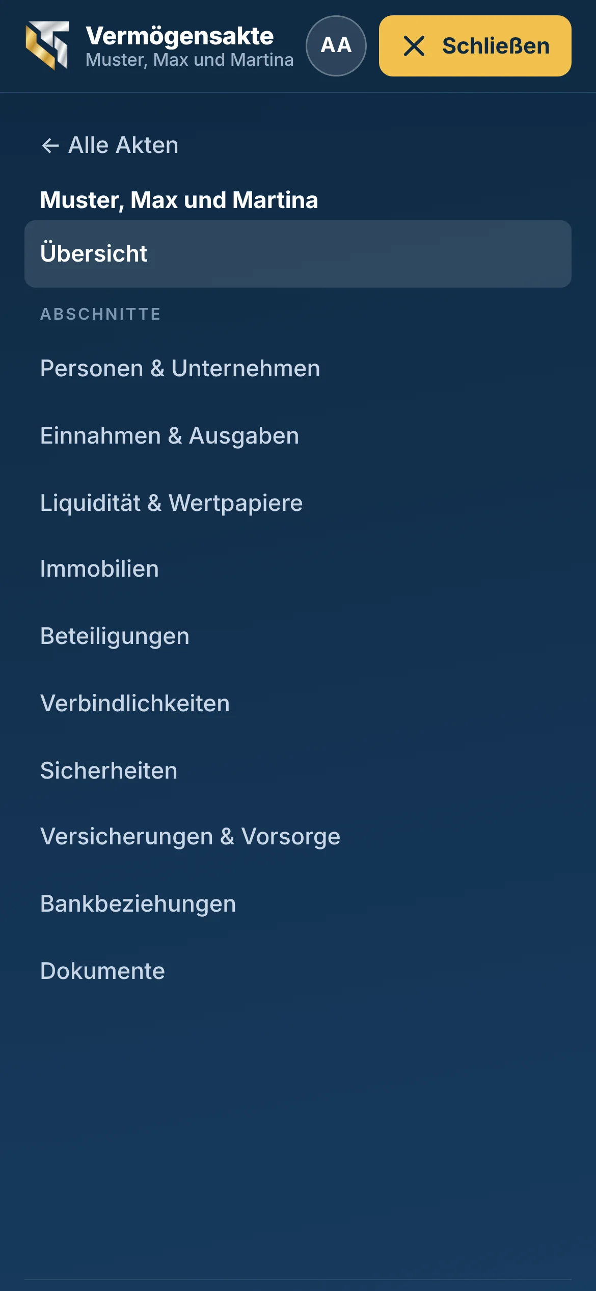 Beraterportal am Handy mit geöffnetem Menü