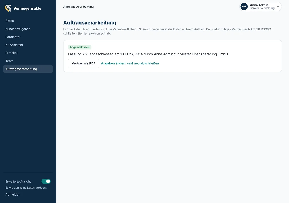 Abgeschlossener Vertrag zur Auftragsverarbeitung