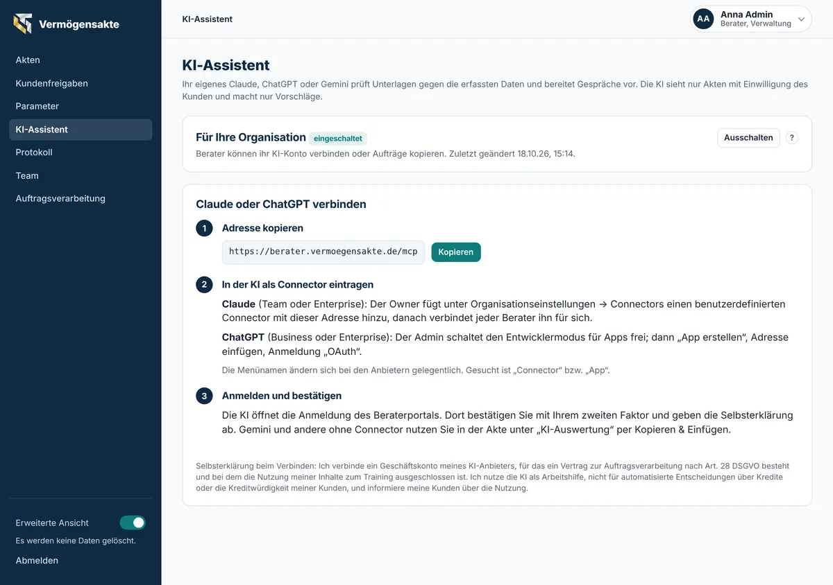 KI-Assistent der Organisation einschalten