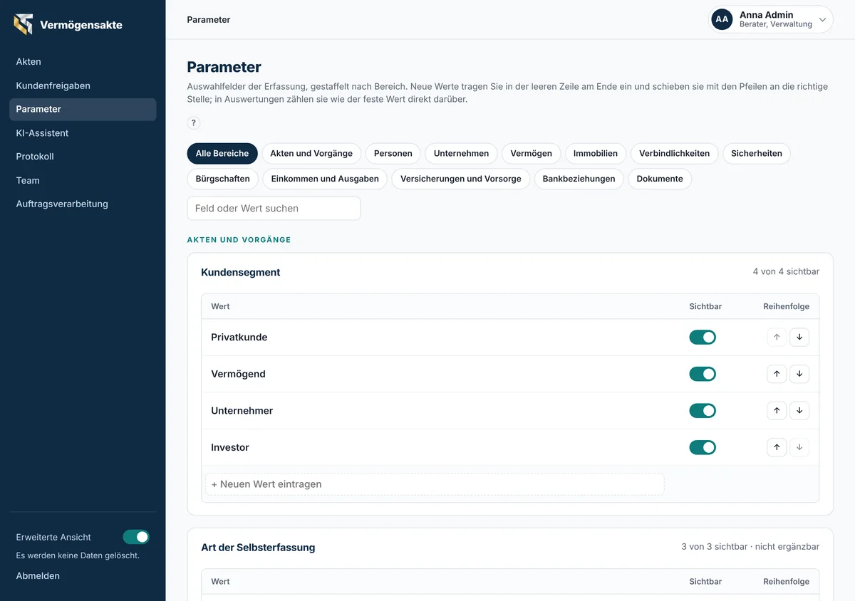 Parameter: eigene Auswahlwerte der Organisation