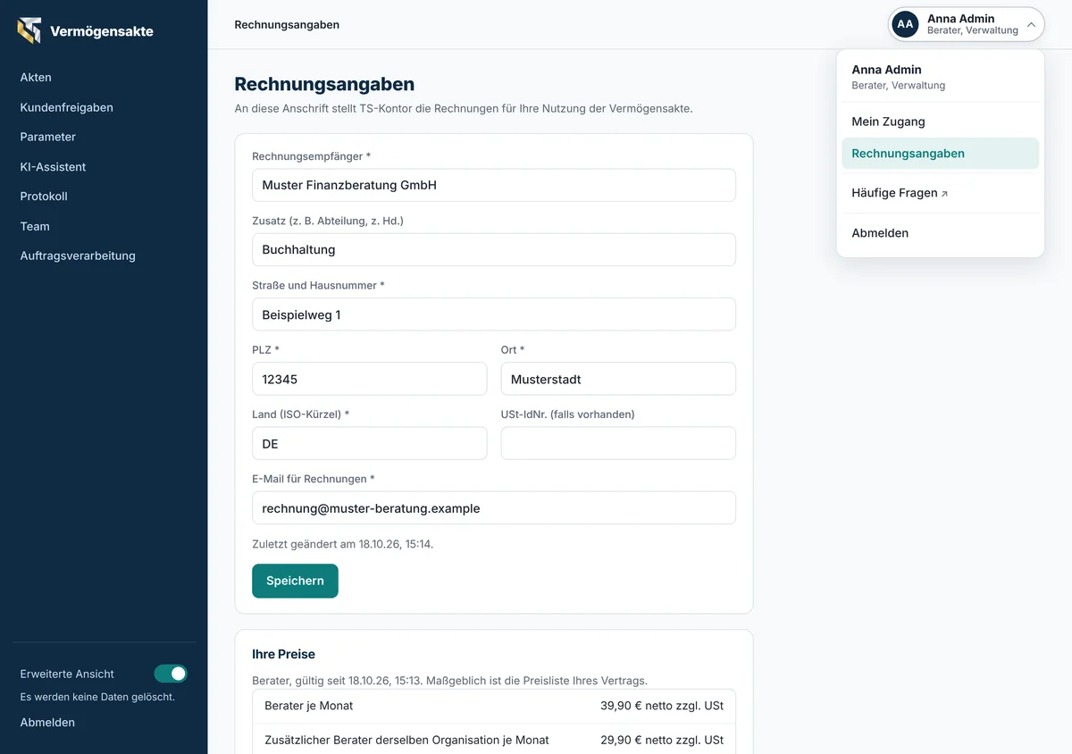 Rechnungsangaben der Organisation, geöffnet über das Benutzermenü oben rechts