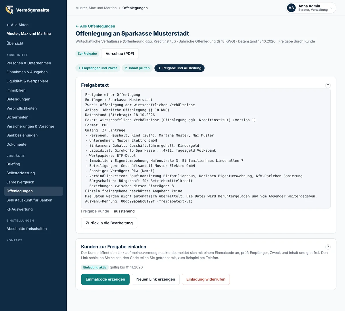Offenlegung für eine Bank mit Freigabetext, Freigabestatus und Einladung des Kunden