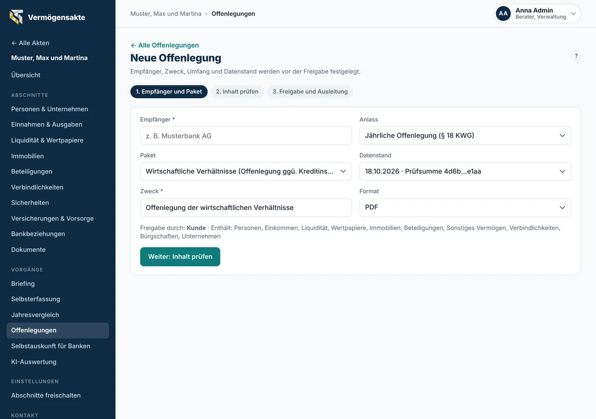 Neue Offenlegung anlegen: Empfänger, Anlass, Paket, Datenstand, Zweck und Format