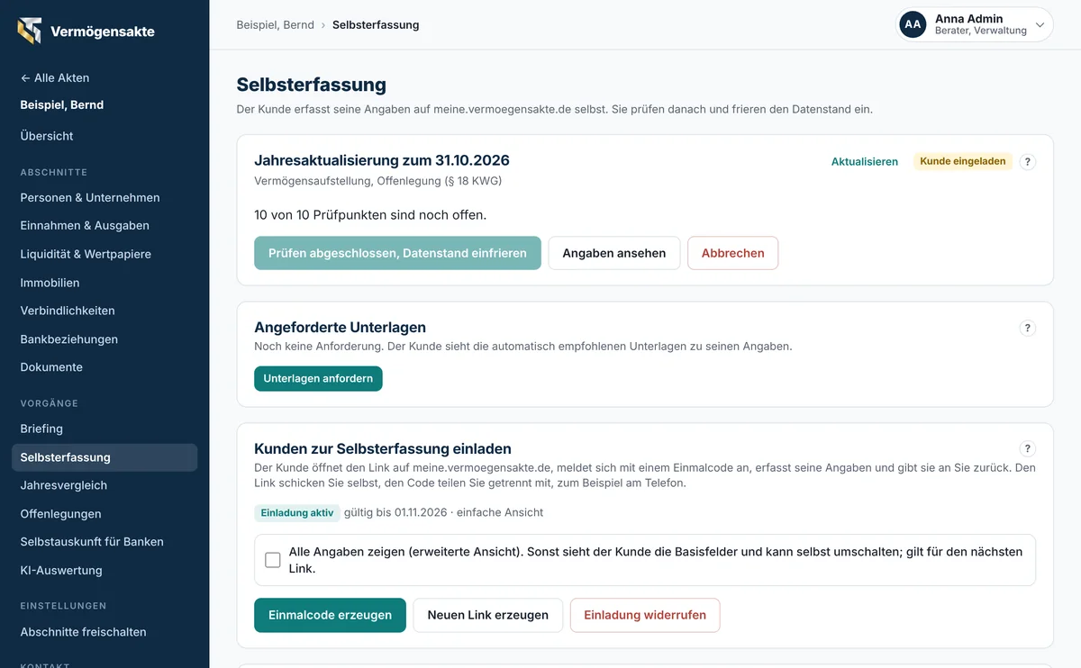 Selbsterfassung: Status der laufenden Erfassung und Einladung des Kunden