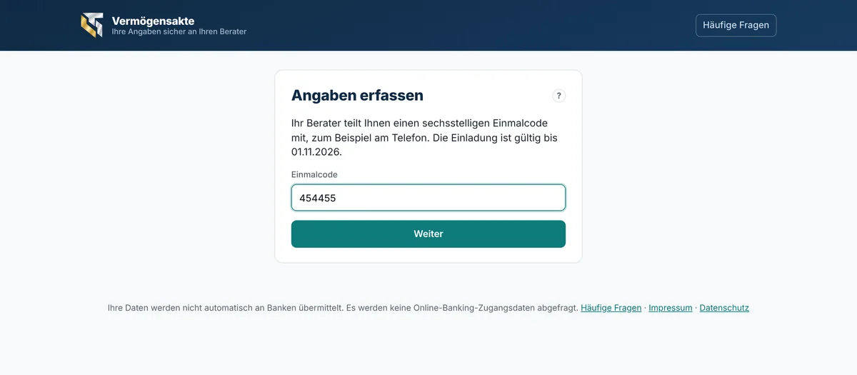 Kundenportal: Einmalcode nach dem Öffnen des Links eingeben