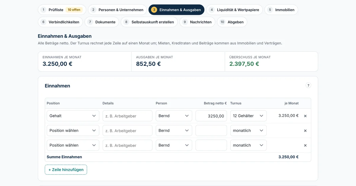 Schritt Einnahmen und Ausgaben im Kundenportal
