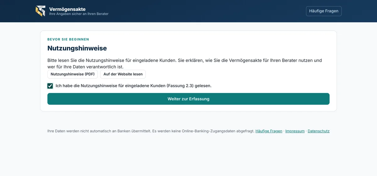 Kundenportal: Nutzungshinweise lesen und bestätigen