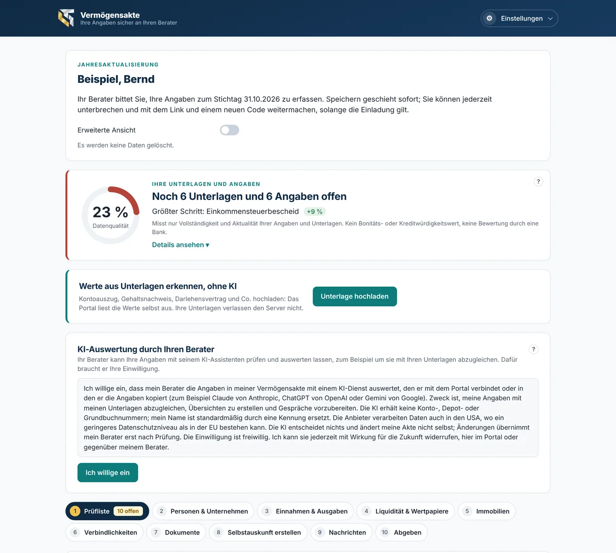 Kundenportal: Start einer Erfassung mit Datenqualität und Schrittleiste (einfache Ansicht)