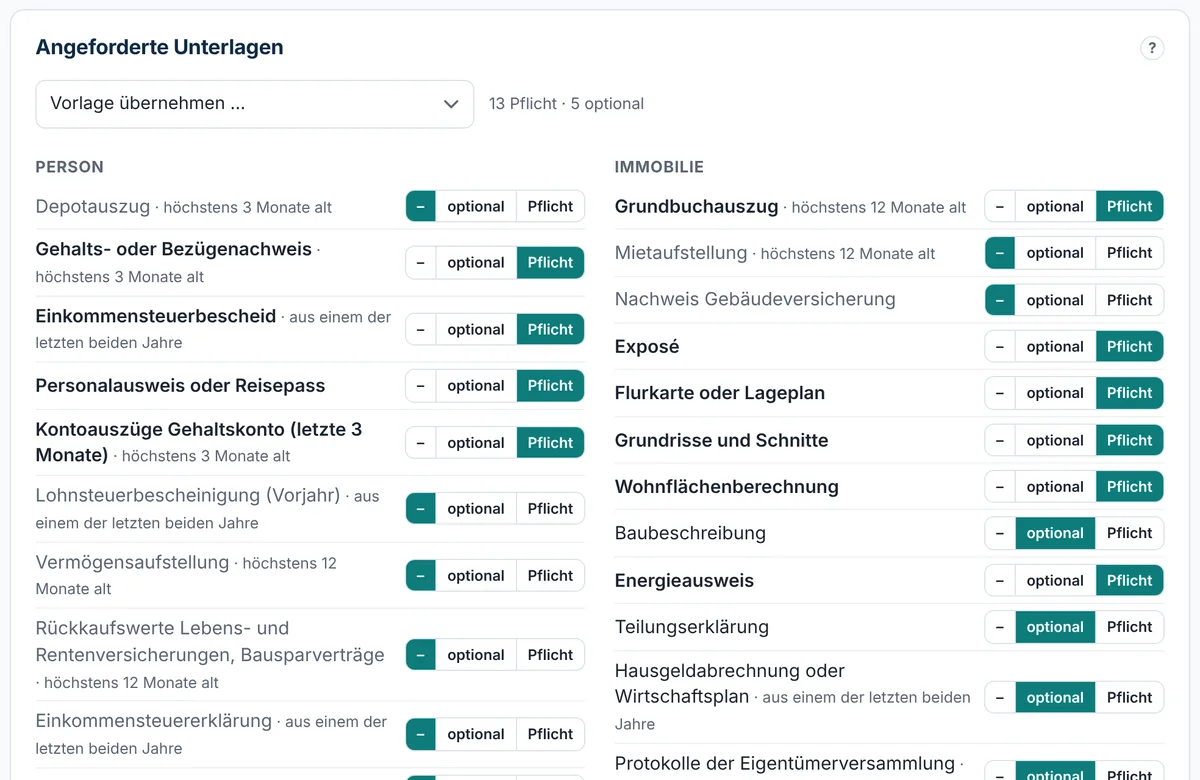 Angeforderte Unterlagen: Vorlage übernehmen und je Unterlage Pflicht oder optional festlegen