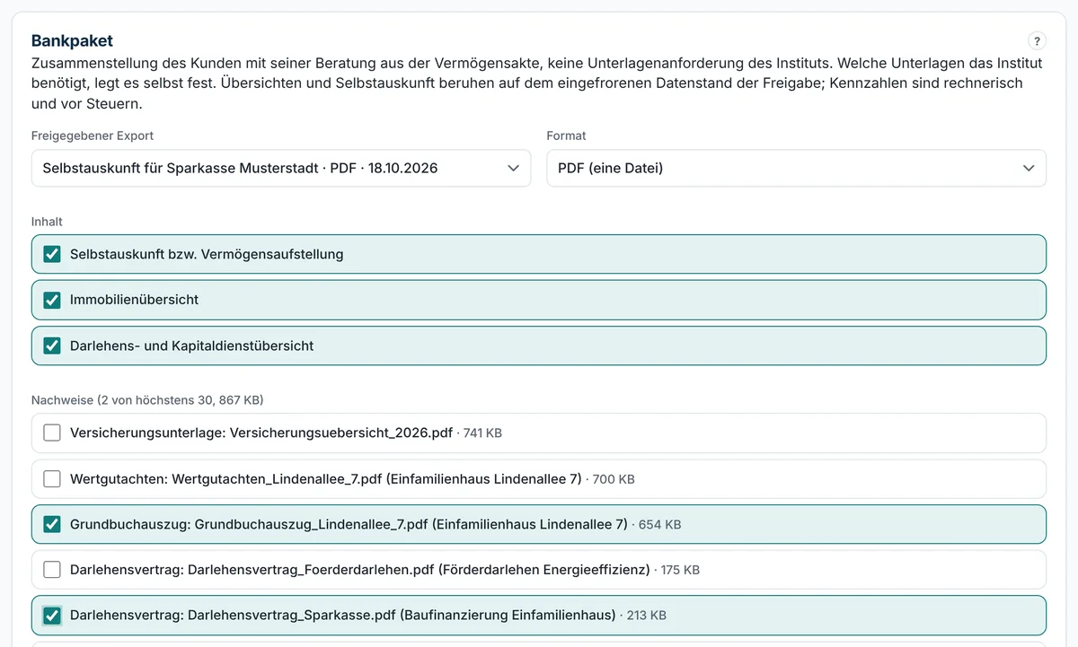 Bankpaket mit Export, Format, Inhalt und Nachweisen zusammenstellen