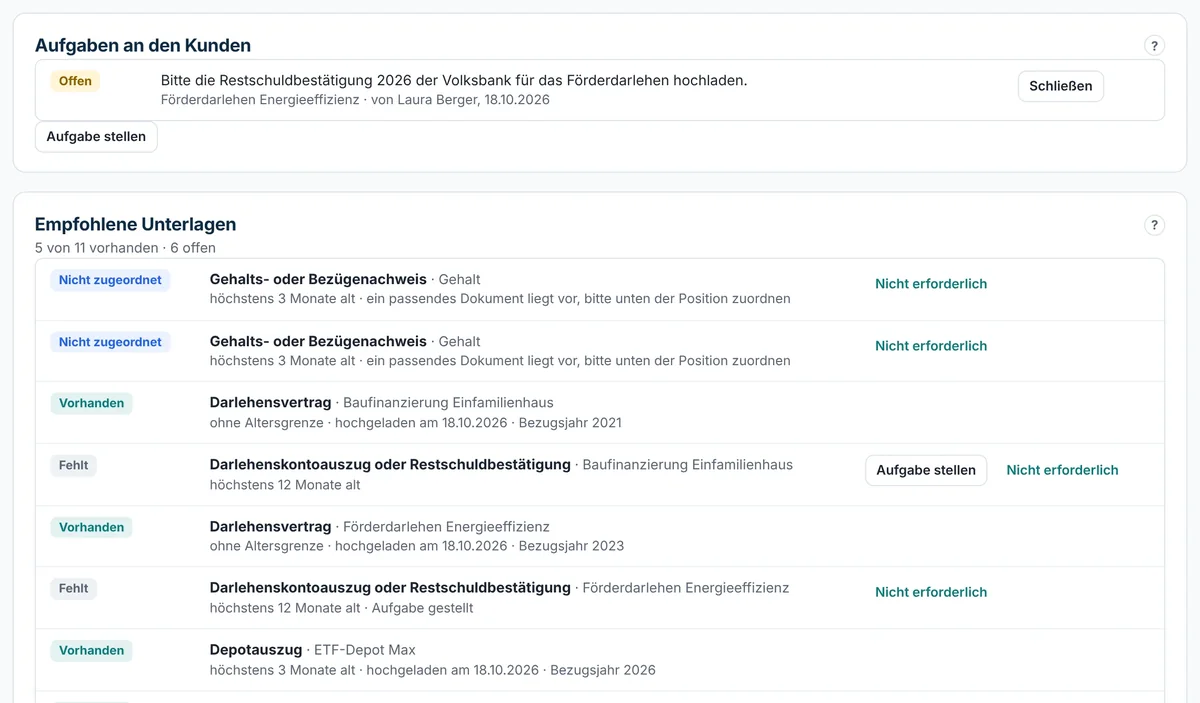 Aufgaben an den Kunden und empfohlene Unterlagen mit Status