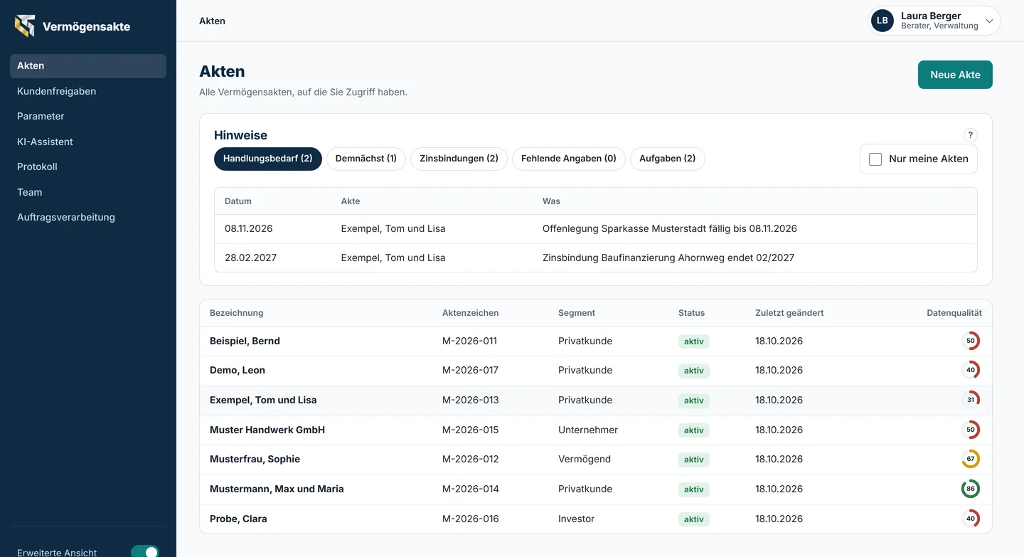 Liste fiktiver Akten mit Aktenzeichen, Segment wie Privatkunde oder Unternehmer, Status und Datenqualität in Prozent