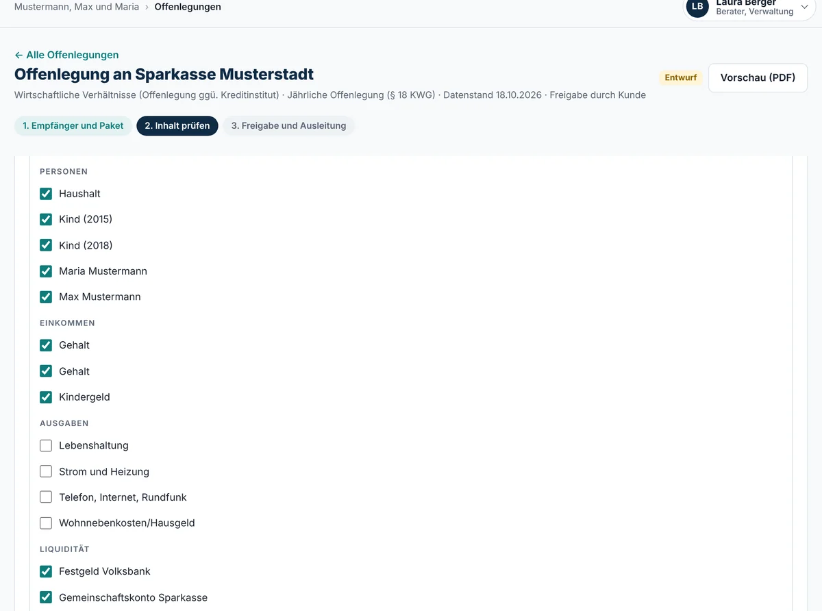 Offenlegung an die Sparkasse Musterstadt, Schritt Inhalt prüfen, mit an- und abwählbaren Positionen je Abschnitt