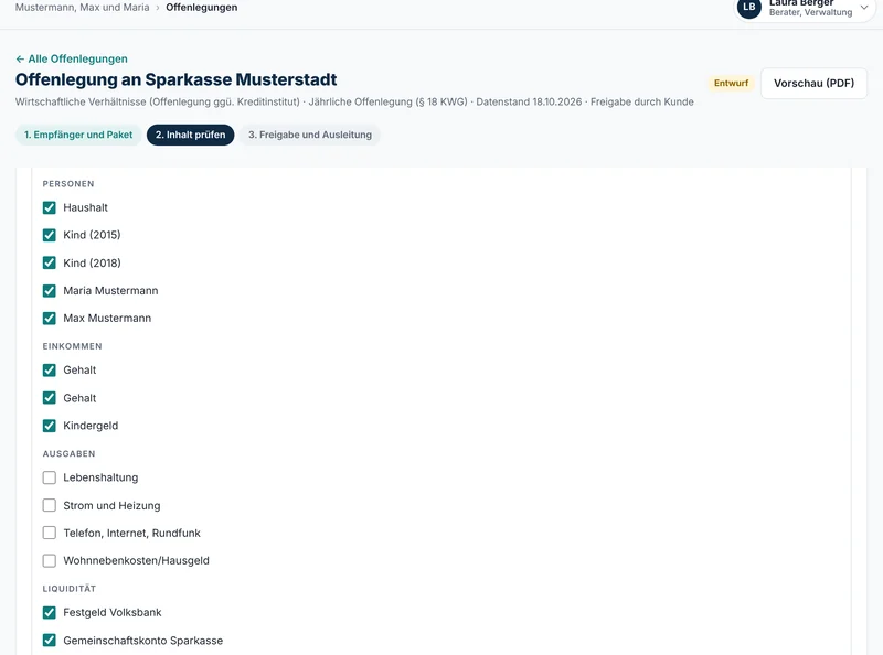 Offenlegung an eine fiktive Sparkasse mit Empfänger, Zweck und abwählbaren Positionen
