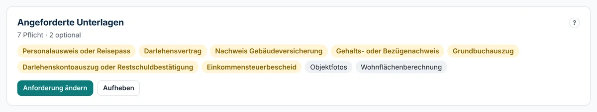 Angeforderte Unterlagen einer fiktiven Erhebung zur Anschlussfinanzierung: 7 Pflicht-Unterlagen wie Darlehensvertrag und Grundbuchauszug, 2 optionale wie Objektfotos
