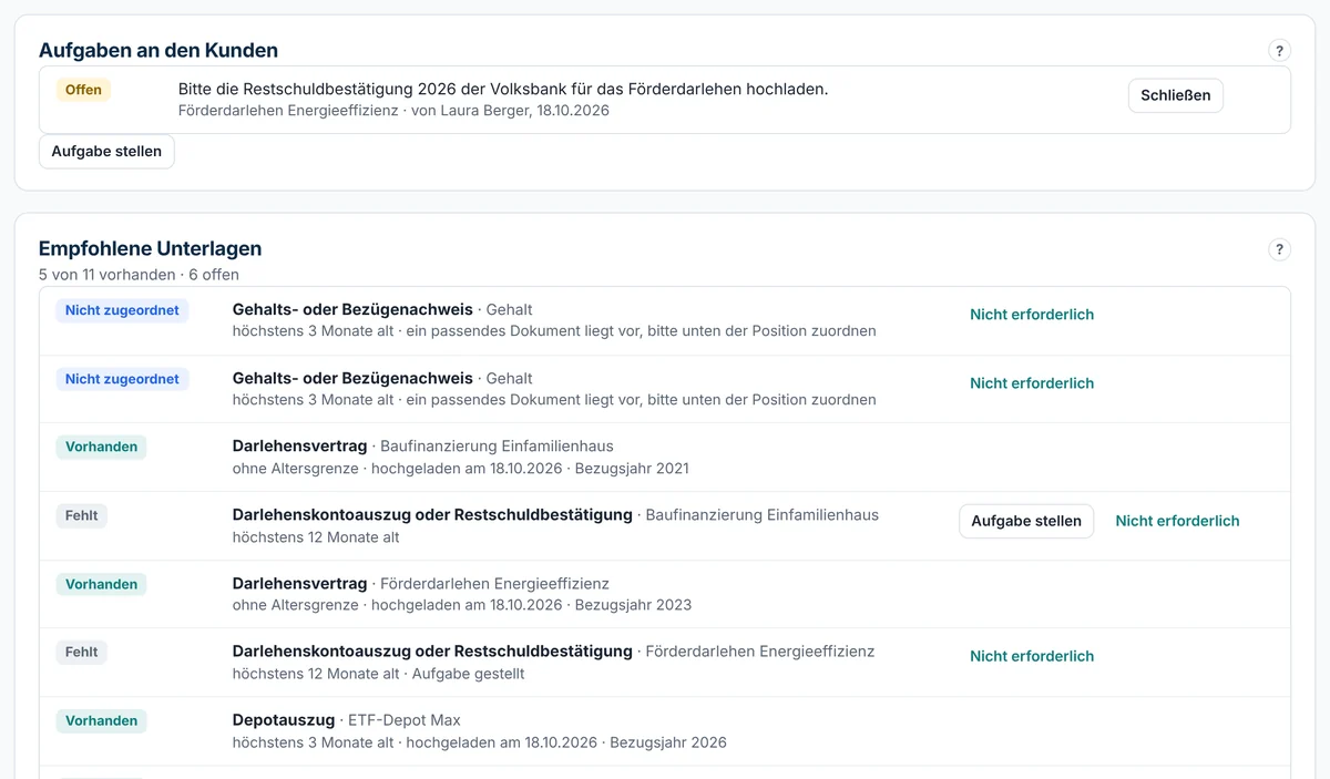 Aufgabe an den Kunden zur Restschuldbestätigung der Volksbank, darunter empfohlene Unterlagen je Position mit Status vorhanden, fehlt oder nicht zugeordnet