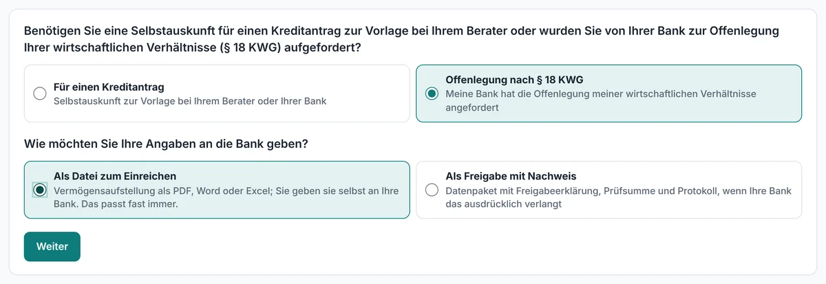 Selbstauskunft-Assistent: Frage nach dem Anlass, Kreditantrag oder Offenlegung nach § 18 KWG, gewählt ist die Offenlegung, als Datei zum Einreichen