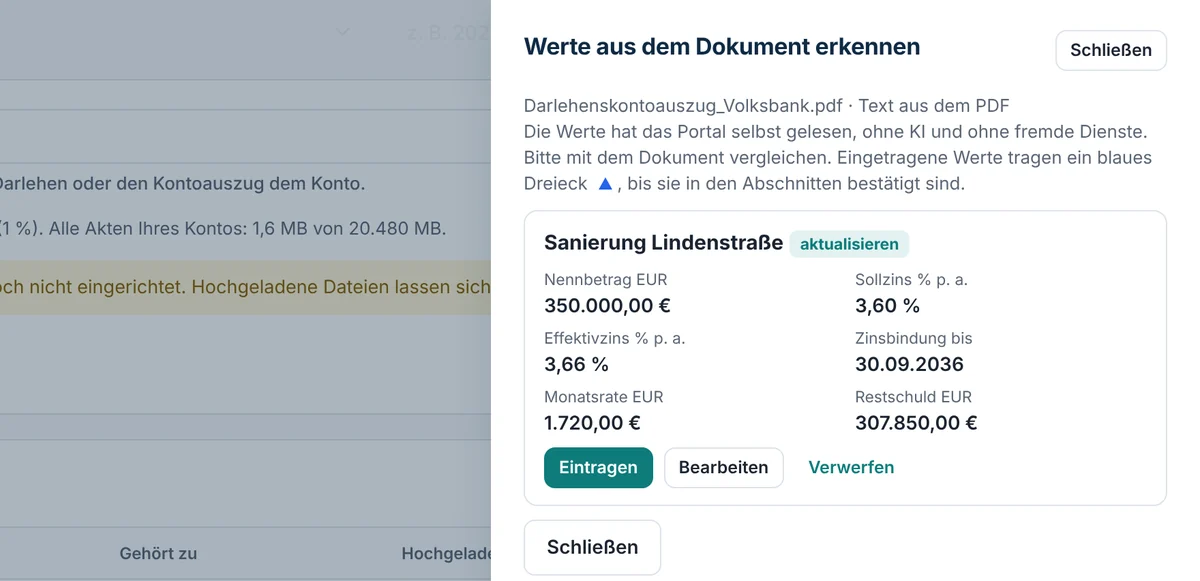 Werte aus dem fiktiven Darlehenskontoauszug der Volksbank für die Sanierung Lindenstraße erkannt: Restschuld 307.850 €, Sollzins 3,60 %, Effektivzins 3,66 %, Zinsbindung bis 30.09.2036, Monatsrate 1.720 €