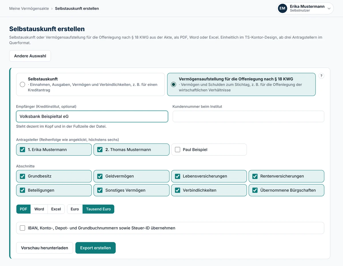 Formular Selbstauskunft erstellen: Vorlage Vermögensaufstellung für die Offenlegung nach § 18 KWG gewählt, Empfänger Volksbank Beispieltal eG, Antragsteller Erika und Thomas Mustermann, Abschnitte von Grundbesitz bis Bürgschaften, Format PDF in Tausend Euro