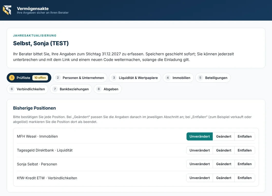 Kundenansicht der Erfassung mit Schrittleiste und Prüfliste der Positionen, fiktive Daten